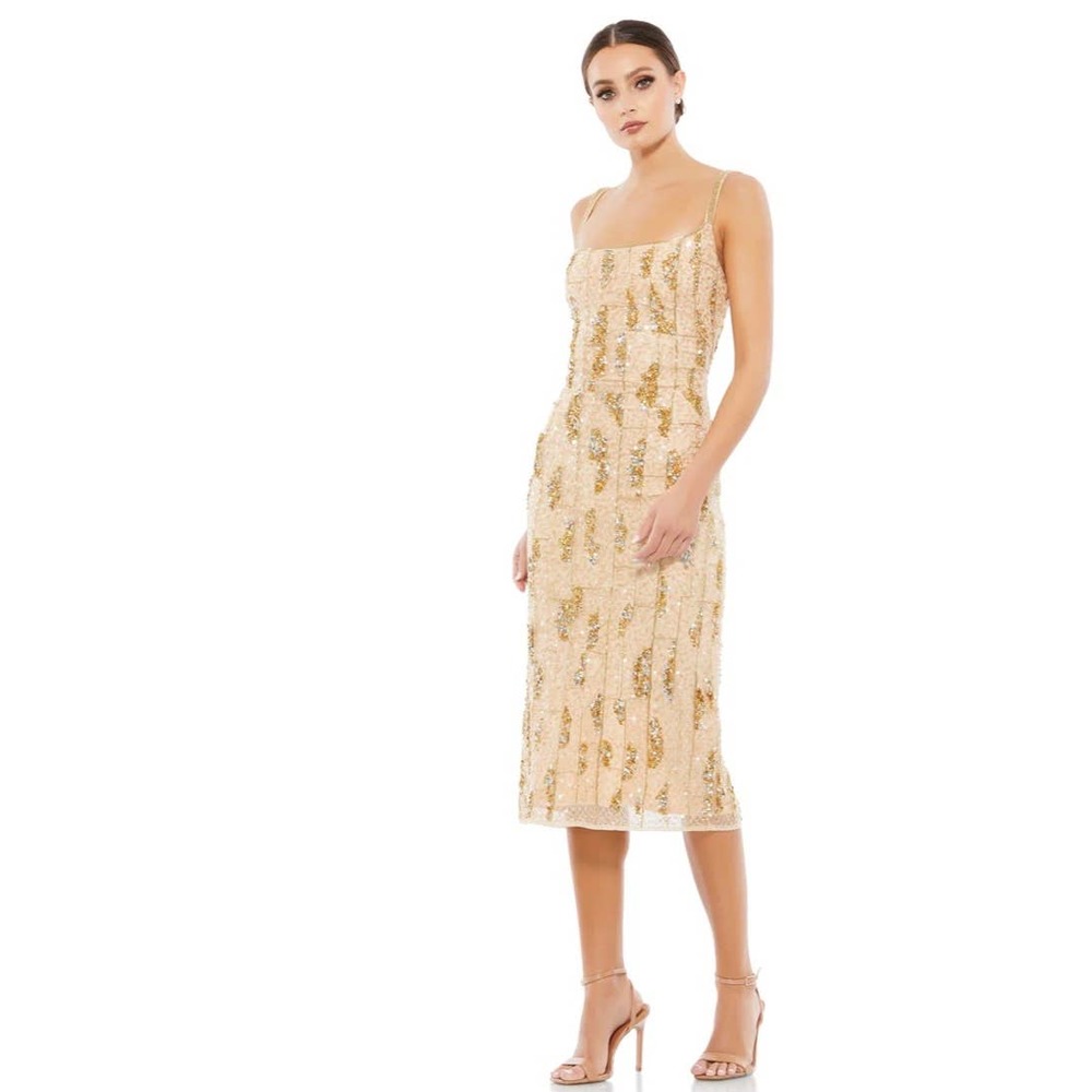 NWT Mac Duggal Beaded Spaghetti Strap Midi Slip Dress Nude Gold Size 2